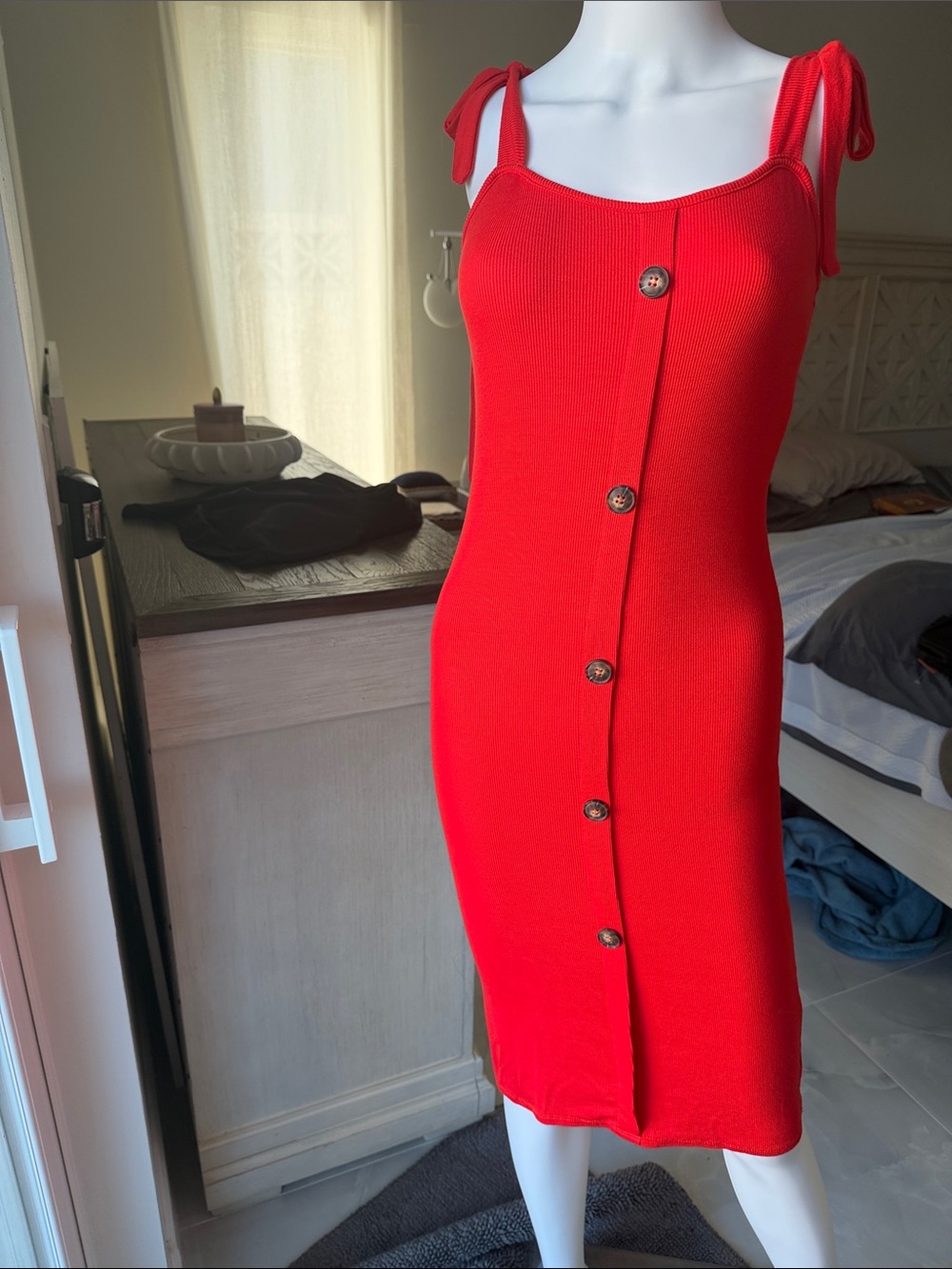Miley + Molly Red Tie-Shoulder faux Button Front Knit Dress